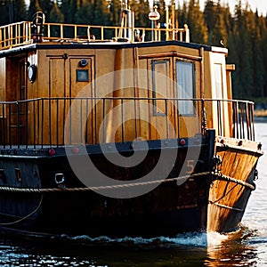 Old antique wooden barge, boat used for travel on rivers lakes and canals