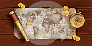 Old antique world map on wooden table, spyglass, golden compass, galleon coins, pirate vintage paper.
