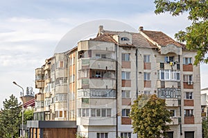 Old apartment block from communist era in Eastern Europe. Communist socialist architecture style flat.