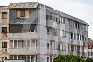 Old apartment block from communist era in Eastern Europe. Communist socialist architecture style flat.