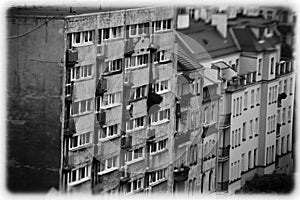Old apartment blocks in postcard form
