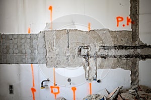 Old apartment renovation dismantling process marks on wall