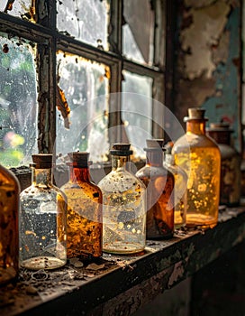 Old Apothecary Bottles on a Dusty Windowsill