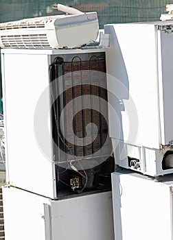 Old appliances and refrigerators in the landfill of the used material