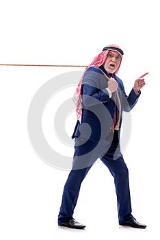 Old arab businessman with rope isolated on white