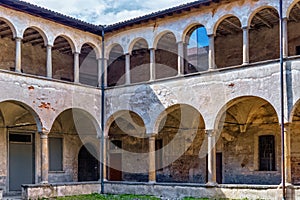 Old arcade courtyard of the former Saint Augustin monastery Ex monastero di Sant`Agostino, now is the University of Bergamo.