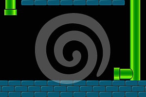 Old arcade video game background. Retro dark screen for game with bricks and pipe or tube. Vector.