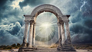 Old arch with pillars, portal to another world, magical place. Ancient runes. Natural landscape