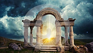 Old arch with pillars, portal to another world, magical place. Ancient runes. Natural landscape