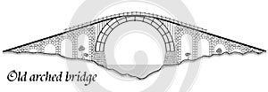Old arched bridge made of stone and steel. Silhouette of a tall structure over a river. A black graphic drawing similar to an engr