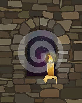Old arched stone window in visigothic style and candle. vector