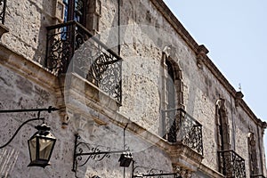 Old architecture of Arequipa/Peru. Porchs and vintage lamps