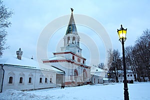 Old architecture of Kolomenskoye park in Moscow in winter.