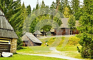 Old architecture of wooden houses in the Museum of the Orava village in Zuberec in Slovakia.