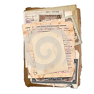 Old archive documents, letters, photo, money.