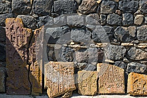 Old Armenian khachkar cross stone in Sevanavank, Armenia