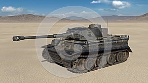 Old army tank, vintage armored military vehicle with gun and turret in desert environment, 3D render