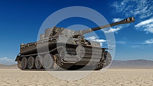 Old army tank, vintage armored military vehicle with gun and turret in desert environment, bottom view, 3D render