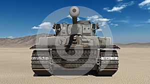 Old army tank, vintage armored military vehicle with gun and turret in desert environment, front view, 3D render