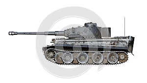 Old army tank, vintage armored military vehicle with gun and turret isolated on white background, side view, 3D render