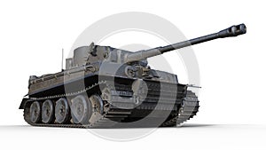 Old army tank, vintage armored military vehicle with gun and turret  on white background, bottom view, 3D render