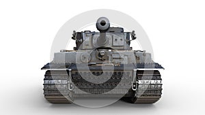 Old army tank, vintage armored military vehicle with gun and turret  on white background, front view, 3D render