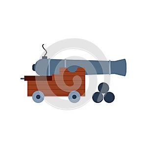 Old artillery cannon with cannonballs, flat vector illustration isolated.