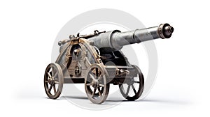 Old artillery cannon on large wooden wheels on a white background. An ancient antique medieval weapon that shoots