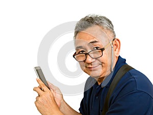 Old Asain man holds mobile phone and smiles