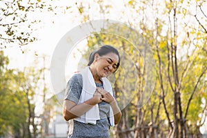 Old Asian people suffer from exercise pain. Senior woman having heart attack