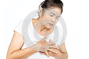 Old asian woman having heart attack isolated on white background