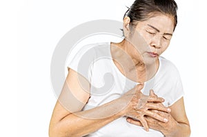 Old asian woman having heart attack isolated on white background