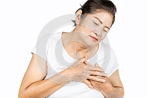Old asian woman having heart attack isolated on white background