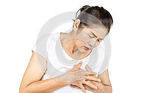 Old asian woman having heart attack isolated on white background