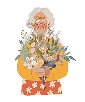 Old Asian Woman Holding Bouquet of Flowers