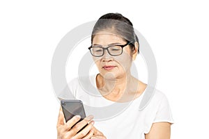 Old asian woman using smart phone for social media lifestyle