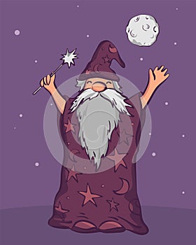 Old astrologer wizard ready to cast spell, cartoon style vector illustrationï¿½