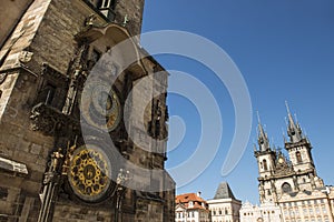 Old astronomical clock with Church of our lady before Tyn