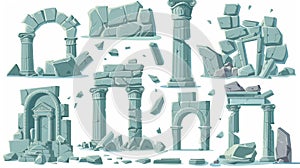 Old Atlantis city temple building pillar and arch modern illustration. Antique Greek monument design that is broken and