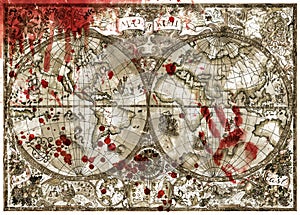 Old atlas map of world with bloody hand print and drops
