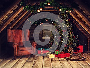 Old attic with a Christmas tree and presents