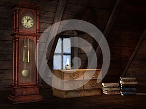 Old attic with a clock