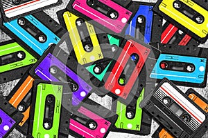 Old audio cassette. Multicolored audio tapes. Close-up view. The concept of old music. large collection of retro cassette tapes.