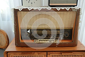 Old audio equipment, antique cassette players, made of wood, collectibles, vintage home decor.