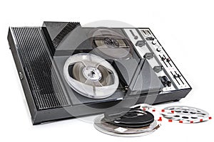 Old audio magnetic tape recorder reel to reel from seventies.