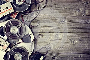 Old audio reels and cassette tape background