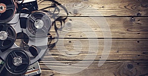 Old audio reels and cassette tape music background photo