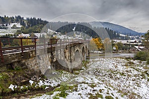 Old Austrian bridge viaduct in Vorokhta village, the Carpathians
