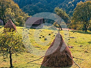 Old authentic wooden house hayloft Carpathian mountains Ukraine Europe Transcarpathia region. Eco tourism Cottagecore