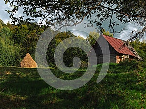 Old authentic wooden house hayloft Carpathian mountains Ukraine Europe Transcarpathia region. Eco tourism Cottagecore